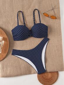 Swim Lushoire Women Textured Beach Vacation Two Pieces Bikini Set Set, Bustier Bikini For Summer