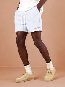 SUMWON Premium Seersucker Summer Shorts With Embroidered Logo, Casual Beach Holiday Striped Lounge Shorts, Classic Comfort Vacation Leisure Wear - Blue - View 1