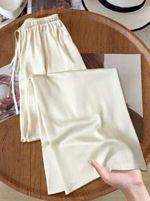 SHEIN LUNE Women's Casual Glossy Satin Low Waist Wide Leg Pants, Suitable For Simple Casual And Commute , Spring Summer Women Clothing Pants Women Bottoms Business Casual Women Women Baggy Pants - Apricot - View 1