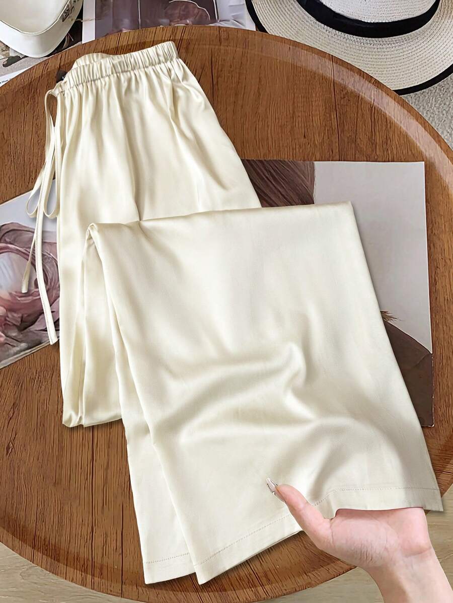 SHEIN LUNE Women's Casual Glossy Satin Low Waist Wide Leg Pants, Suitable For Simple Casual And Commute , Spring Summer Women Clothing Pants Women Bottoms Business Casual Women Women Baggy Pants - Apricot - View 1