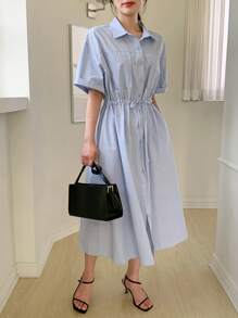 DAZY 女式领结腰短袖衬衫裙，中长款，返校服 - 藍色 - 查看 8