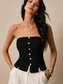 Poéselle 女式上衣亚麻上衣不对称下摆纽扣开合系带黑色上衣，女式纯色抹胸上衣，优雅通勤无袖夏季波西米亚风上衣乡村音乐会节日 - 黑色 - 查看 6