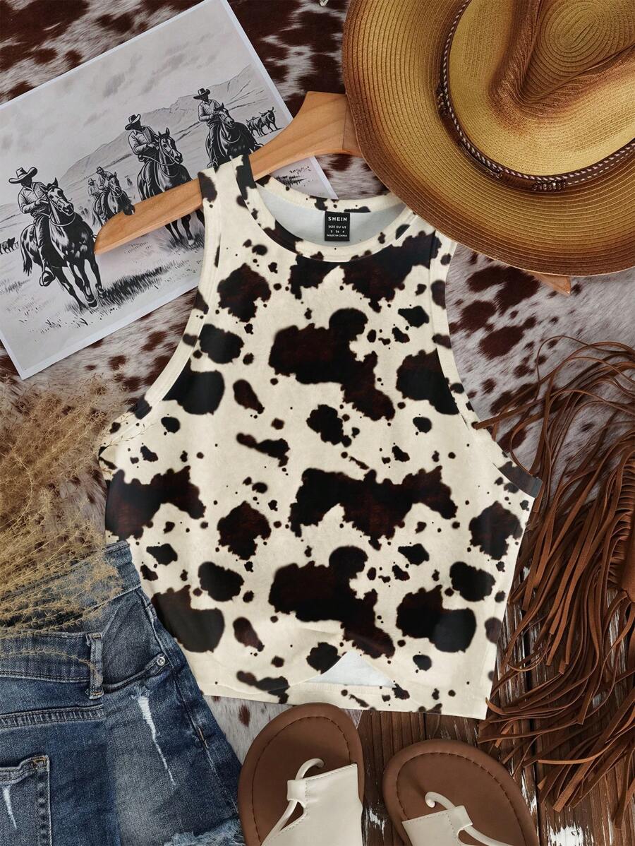 SHEIN EZwear 休闲简约圆领奶牛印花西部波西米亚风修身背心，适合夏季、度假、春假穿着 - 彩色 - 查看 1