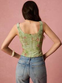 Enchnt 女式方领无袖系带花卉印花背心，夏季时尚