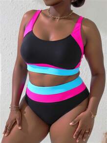 Slaydiva New Plus Size Women's Two Pieces Swimsuit Set With Contrast Color Patchwork Bikini Style High-Waist Bottoms For Summer Beach Vacation - Multicolor - View 4