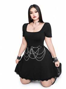 Whyspr Casual Punk Large Size Spring And Summer Dark Sexy Slim Fit Casual Versatile Bold Avant-Garde Round Neck Back Leak Back Star Cross Tie High Waist Slimming Lace Patchwork Hem Daily Dress Suitable For Independence Day Holiday Clothing