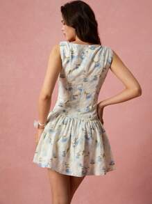 Enchnt Vestido mini de mujer con estampado floral elegante y romántico, sin mangas y con botones