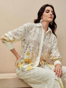 Anewsta Women Floral Print Lace Hollow Blouse And Long Pants Set, Elegant 2 Pieces Outfit