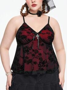 ROMWE Fairycore Plus Size Vintage Cross Pendant Flocked Net Strap Camisole - Red - View 1