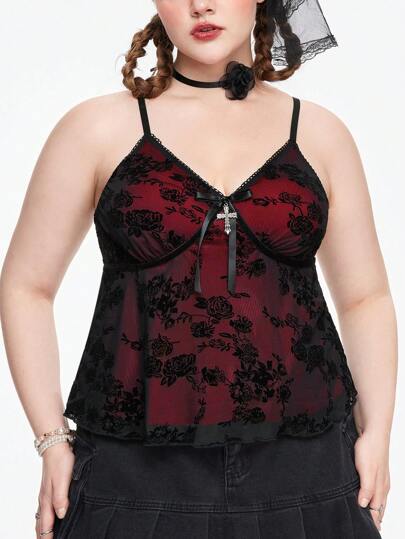 Fairycore Plus Size Vintage Cross Pendant Flocked Net Strap Camisole