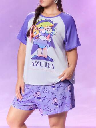 Pop Mart Azura X SHEIN Plus Size Women's Summer Y2k Cleanfit Atry Chic Cute Dreamy  Retro Vintage Casual Vacation Vibe School Clothes  White Purple Star Cartoon Letter Print Raglan Sleeve T-Shirt & Shorts Sleepwear Pajama Set, Summer
