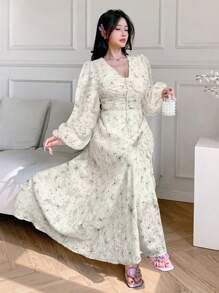 Modelyn Damen Frühlings-/Sommerkleid mit vollem Schmetterlings-Jacquard-Muster, V-Ausschnitt, Laternenärmeln und geraffter Taille