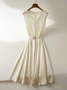 SHEIN Frenchy 大码女式夏季优雅简约办公室通勤 V 领腰带 A 字纯色连衣裙 - 米色 - 查看 3