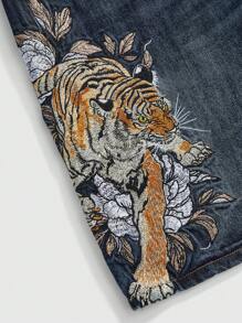 ROMWE Avant Spring/Summer Vintage Streetwear Chinese Style Tiger & Floral Embroidered Loose Wide-Leg Low Waist Denim Shorts - Blue - View 3