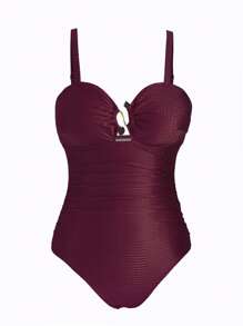 Swim Oasis Plus Size Women Green Jacquard Fabric Casual Vacation Spaghetti Strap Low Neck One-Piece Swimsuit With Skirt And Beachwear Coverup 2 Pcs Set For Summer - Purple - View 3