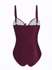 Swim Oasis Plus Size Women Green Jacquard Fabric Casual Vacation Spaghetti Strap Low Neck One-Piece Swimsuit With Skirt And Beachwear Coverup 2 Pcs Set For Summer - Purple - View 4