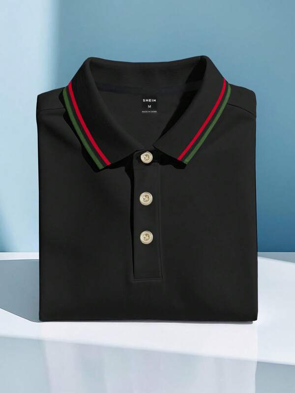 Manfinity Homme Tricou polo casual pentru bărbați, cu guler cu dungi contrastante și nasturi