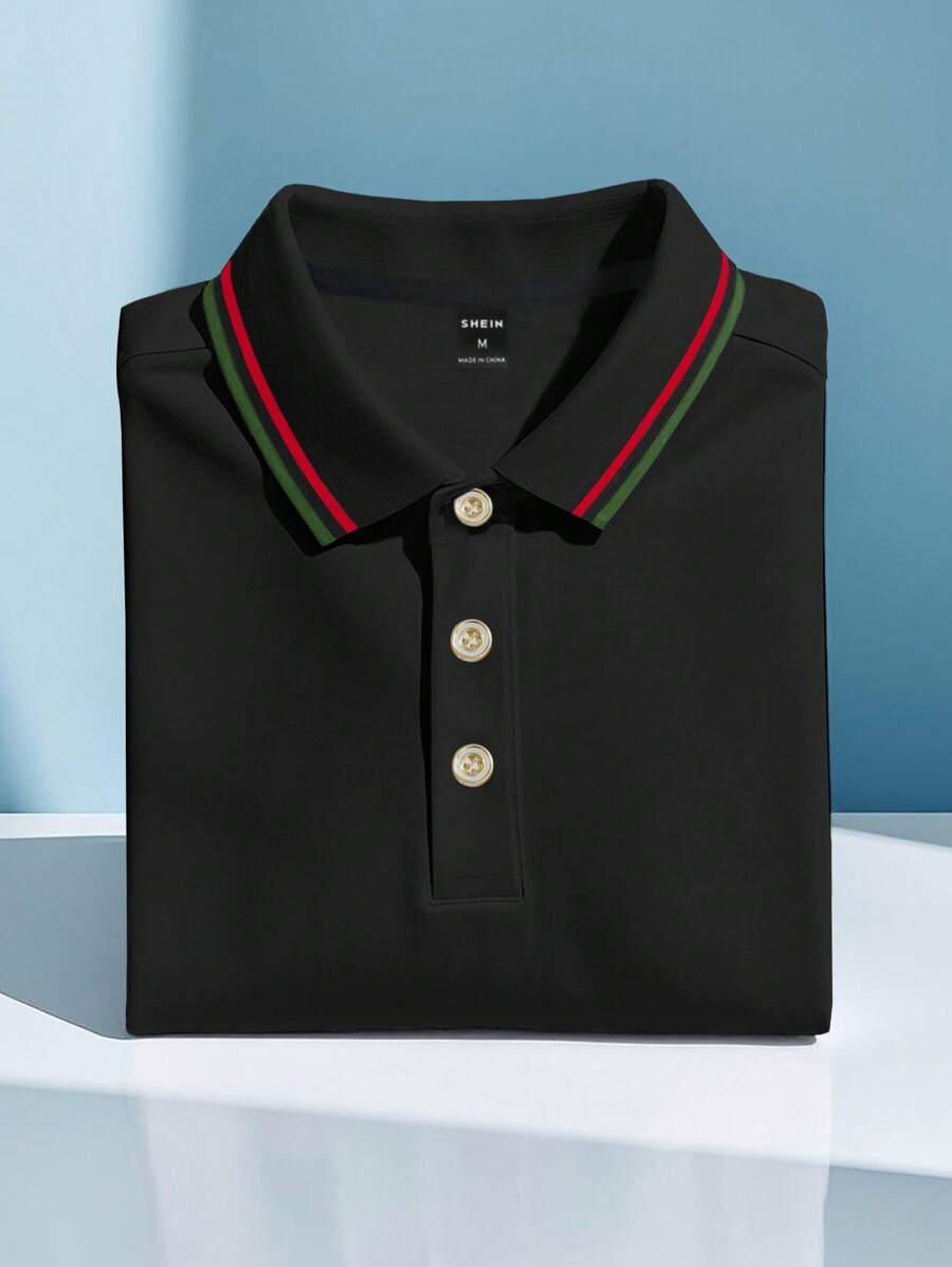 Manfinity Mode 男士休闲撞色条纹领扣门襟 Polo 衫 男士 Polo 衫 男士黑色 Polo 衫 - 黑色 - 查看 1