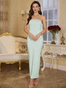 SHEIN Clasi Women's Solid Color Off Shoulder Batwing Sleeve Pleated Dress And Strapless Dress, Elegant 2pcs Set