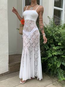 SHEIN EZwear Women's Floral Lace Mermaid Hem Sexy Spaghetti Strap Dress - White - View 3