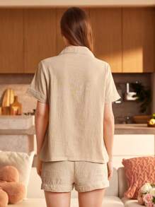 SHEIN Conjunto de pijama de short y blusa de manga corta para mujer - Albaricoque - Ver 2