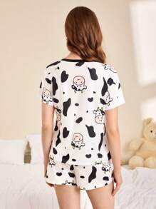 FamilyFrolics Damen Kuh-Muster Rundhals Kurz-Arm Pyjama Set (Top und Shorts)