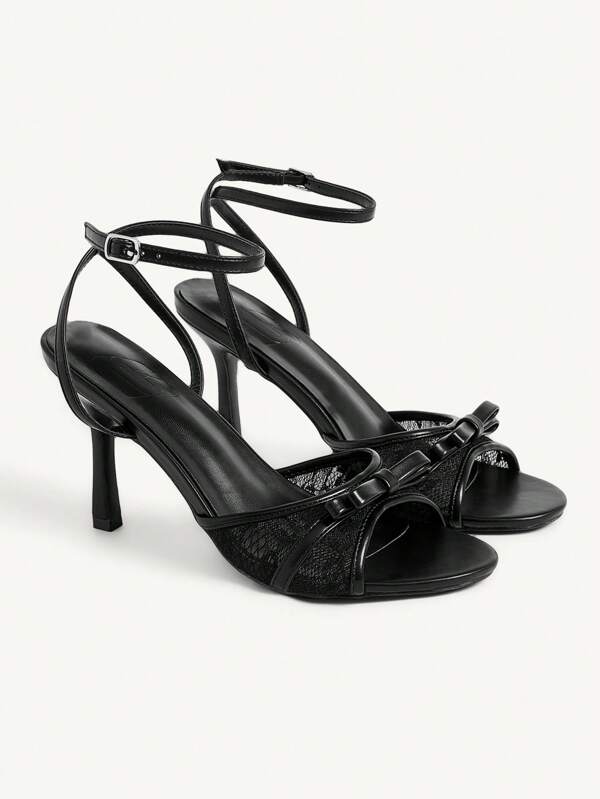 CUCCOO CHICEST Sandalias de tacón alto de mujer elegantes y sexis con punta puntiaguda, de malla negra, cordones, lazo y bordado. Apropiadas para vestidos formales, té por la tarde, citas, fiestas de moda, galas y vacaciones.