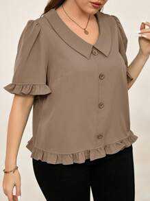 SHEIN Clasi Blusa de manga abullonada de unicolor informal/para trabajo en talla grande - Caqui - Ver 6