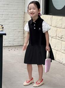 DAZY 年轻女孩拼布休闲泡泡袖蝴蝶结刺绣中长连衣裙，女孩夏季服装 - 黑色 - 查看 6