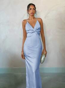 SHEIN BAE 夏季海滨度假优雅纯色杏色光滑缎面性感露背蝴蝶结长裙，适合日常约会、夜间外出、夜总会、派对、晚会、鸡尾酒会、泳池派对、节日礼服 - 淺藍色 - 查看 8
