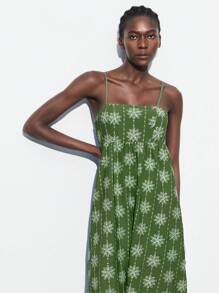 Maija 2025 新款夏季女式碎花喇叭下摆休闲时尚度假舒适连衣裙，度假连衣裙 - 綠色 - 查看 4