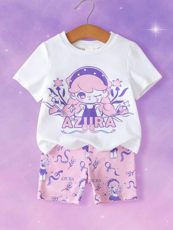 Pop Mart Azura X SHEIN Baby Girl Cartoon Graphic Dream Girl Style White Casual Short Sleeve T-Shirt And Pink Cute Shorts Set, Comfortable Outfit