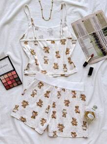 Teen Girls Spring & Summer Valentines, House, Clean Girl/American BM Style, Lace Ruffle Bow Bear Graphic Camisole Top And Shorts Cute Clothes Set