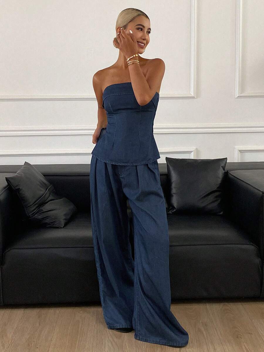 Livesso 女士夏季抹胸宽松休闲裤两件套，休闲牛仔套装 - 深色水洗藍 - 查看 1