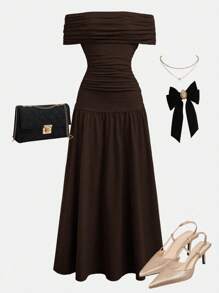 Siren Gaze 女士纯色褶裥露肩短袖长裙