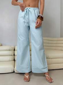 Roylia Women's Striped Linen Loose Drawstring Waist Wide Leg Pants, Casual Home, Daily, Holiday Fall Cloth For Women - Baby Blue - View 4