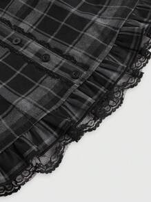 Goth Spring/Summer Carnival Party Casual Plaid Black Plus Size College Style Contrast Lace Ruffle Hem Blouson Sleeve Plaid Blouse - Multicolor - View 4