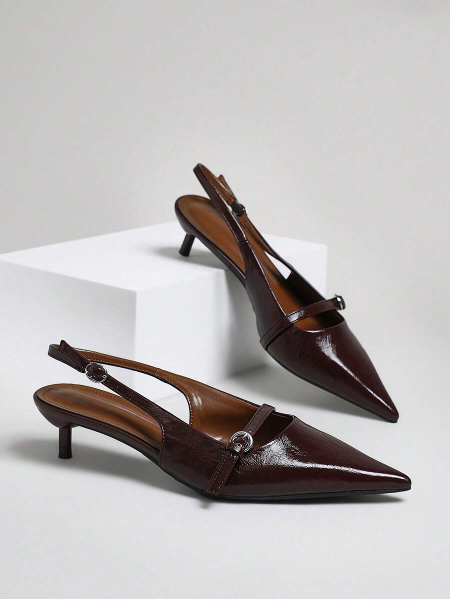 SHUZIA Women's Pointed Toe, Elegant Fashionable Buckled Back Strap Pumps For Christmas Valentine's Day - Chocolate Brown - View 1
