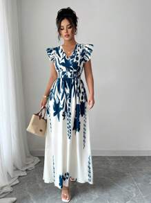 Elenzga Women's Elegant V-Neck Floral Print Cap Sleeve A-Line Maxi Dress, Spring/Summer - Multicolor - View 5