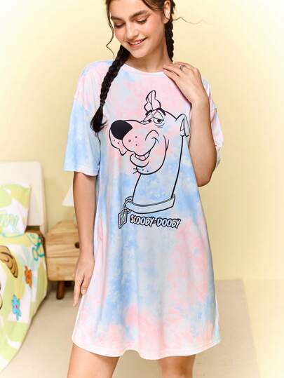 SCOOBY-DOO X SHEIN Camisón de mujer con cuello redondo y manga corta, con estampado de dibujos animados y teñido anudado
