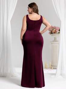Coutiva Plus Size Women Pearl Decor Fish Tail Hem Formal Dress, Suitable For Banquet, - Burgundy - View 3