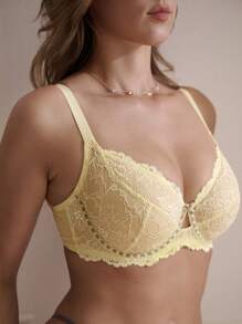 LUVLETTE Full Coverage Breathable Unlined Lace Elegance & Mesh Keyhole Detail Lingerie Lounge Curve Yellow Sheer Minimizer Bridal Intimates Bra - Yellow - View 8