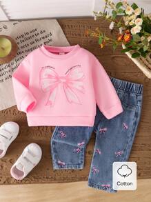 SHEIN Vintaside Kids Baby Girls' White Round Neck Sweatshirt With Pink Bow Print, And Pink Bow Embroidered Denim Pants, Sweet And Lovely Casual Outfit, Autumn/Winter