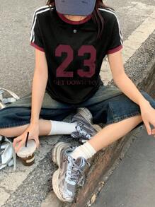 DAZY maglietta casual a maniche corte da donna con logo a contrasto, stile sportivo e casual da strada adatta per adolescenti