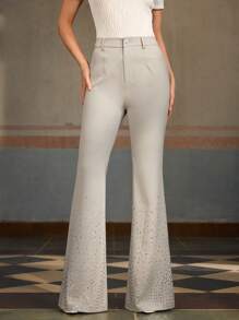 ZEYLAH 女式高腰素色优雅喇叭裤水钻装饰长裤，喇叭裤 - 灰色 - 查看 7