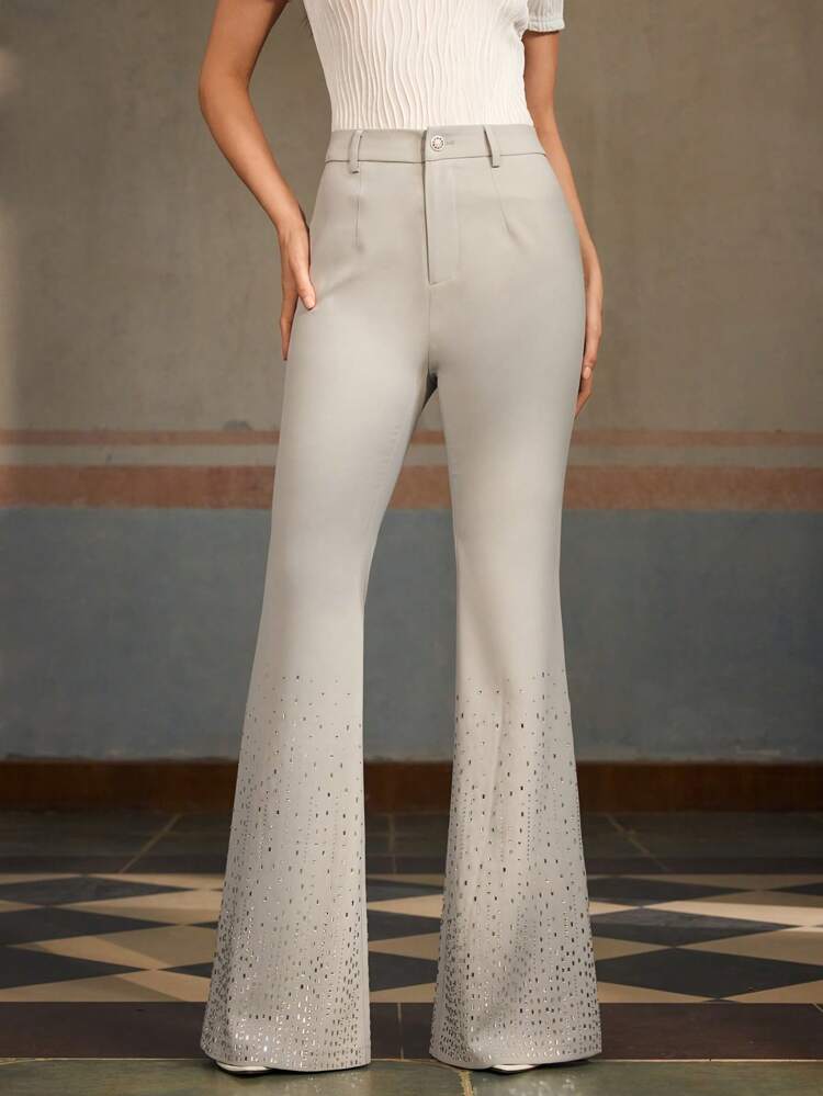 ZEYLAH Pantalones de campana de talle alto, lisos y elegantes, con adornos de strass para mujeres