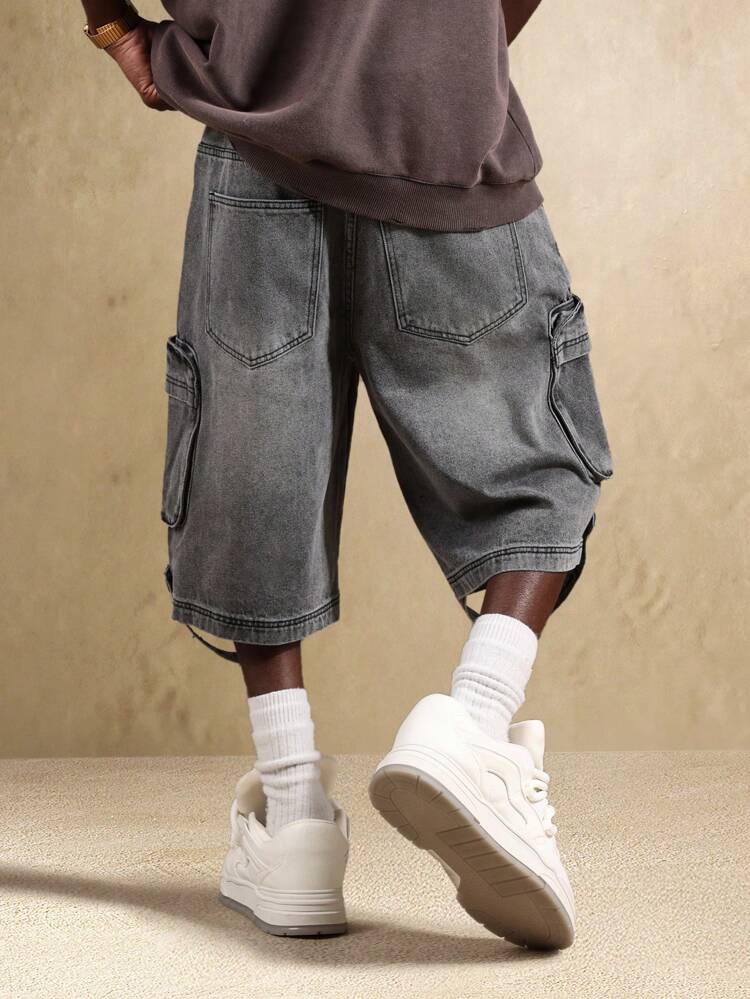 Wide Leg Loose Fit Cargo Distressed Knee Length Denim Shorts