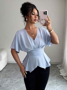 Elenzga Women's V-Neck Lantern Sleeve Hem Slit Casual Vacation Shirt , Peplum Top - Blue - View 3