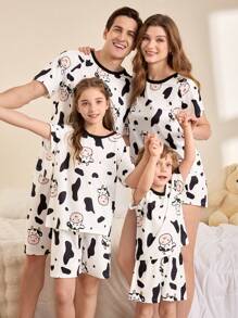 SHEIN 全身奶牛动物印花女童睡衣套装 - 白色 - 查看 3