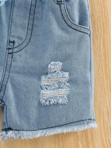 SHEIN Vintaside Kids 2件套女婴吊带蛋糕上衣+牛仔短裤套装，夏季 - 藍色 - 查看 3